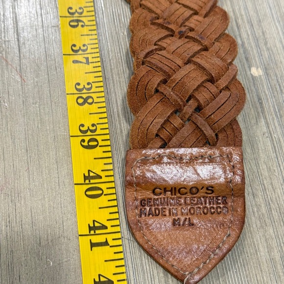 Chicos Genuine Leather Woven Belt Silver Turquoise Flower Buckle Womens sz M L - Picture 10 of 10